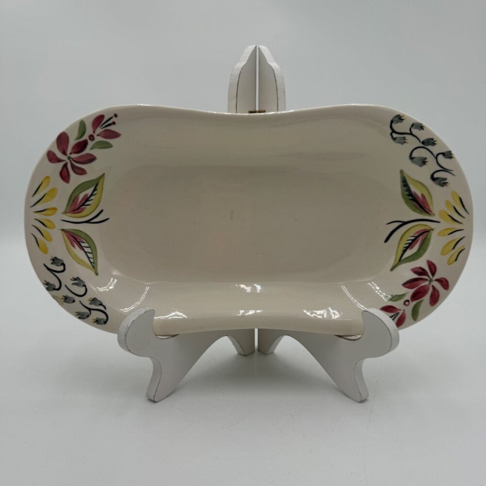 RED WING POTTERY tray small oblong PLATE RED GREY FLOWERS GREEN RED LEAVESF